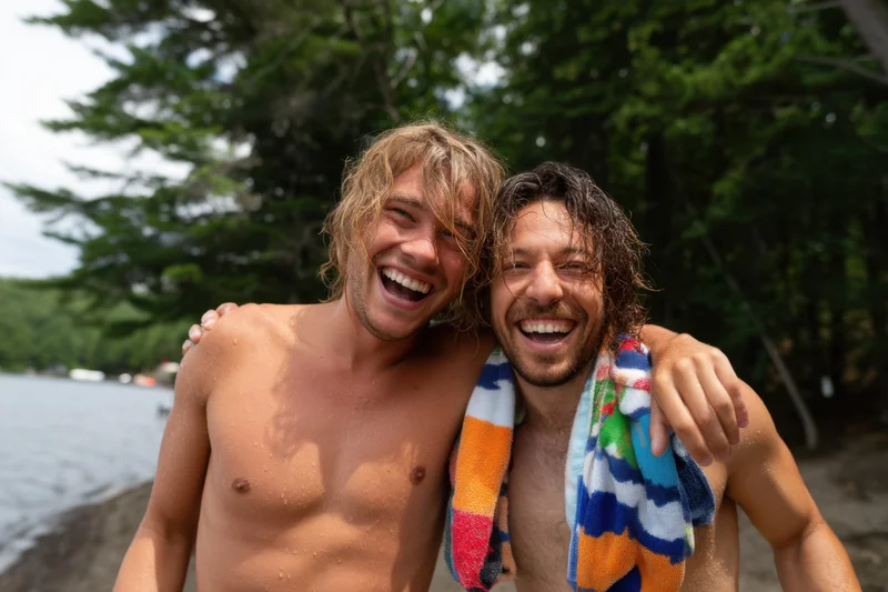 Two shirtless men laughing together on a lakeshore with trees behind them