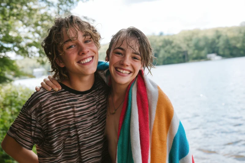 Two smiling teenagers hugging on a lakeshore with wet hair and a colorful towel draped around them