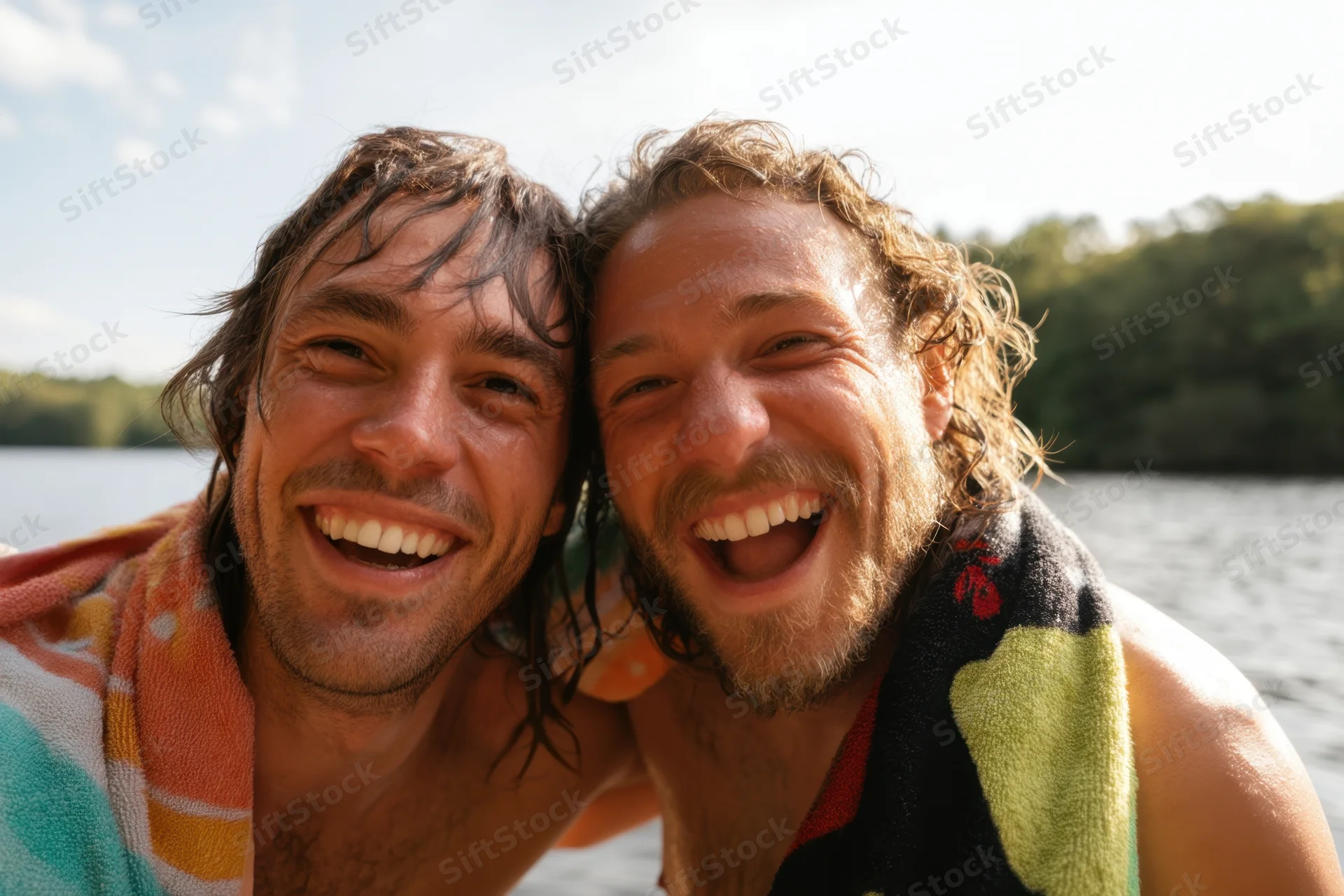 Two men laughing closely together by a lake shore with towels around their necks