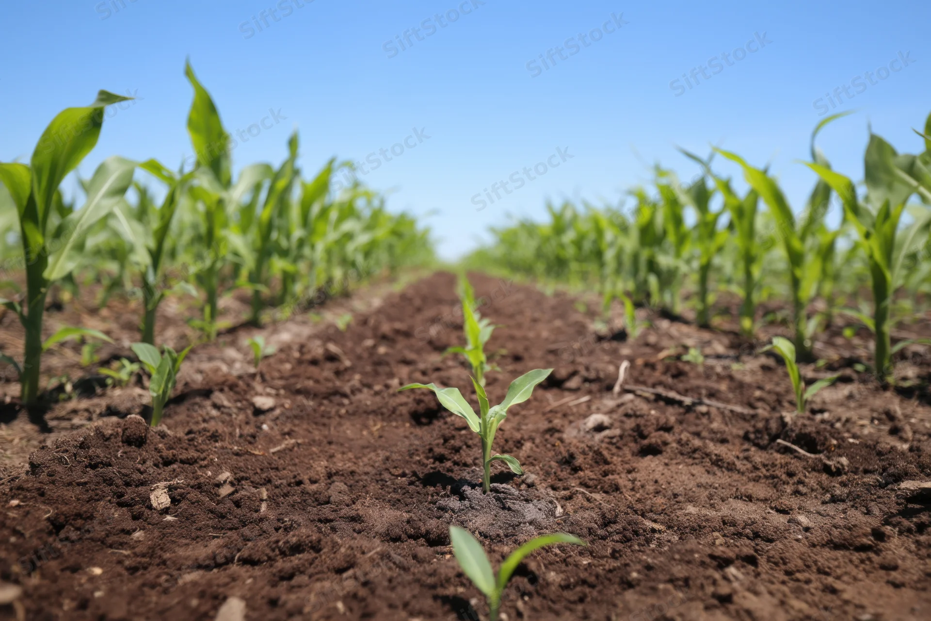 Young corn seedlings emerging from rich soil in a field under a bright blue sky