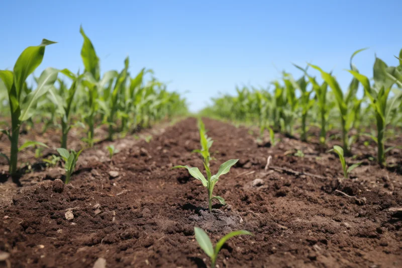 Young corn seedlings emerging from rich soil in a field under a bright blue sky