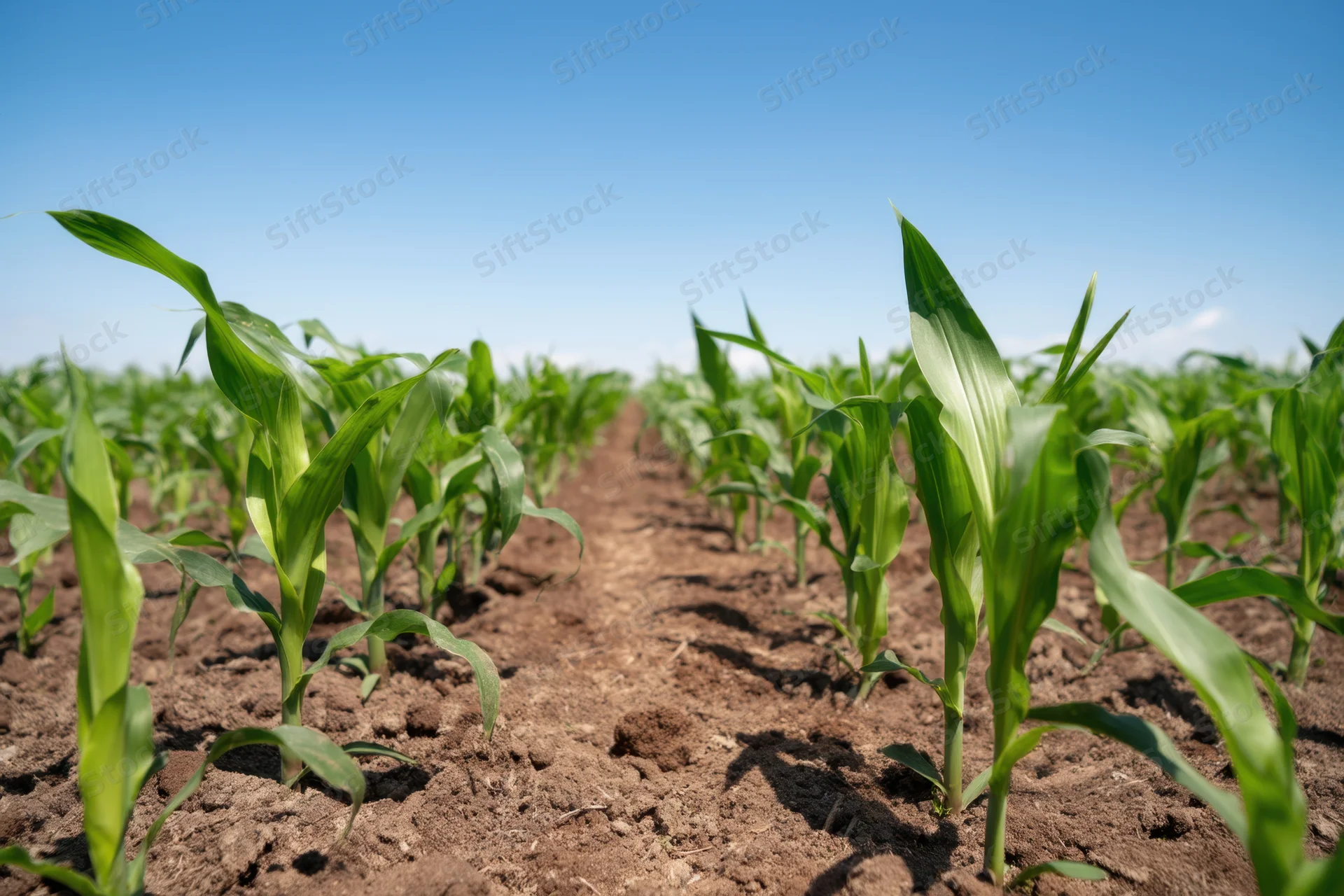 Young corn seedlings growing in rows in a field under a clear blue sky