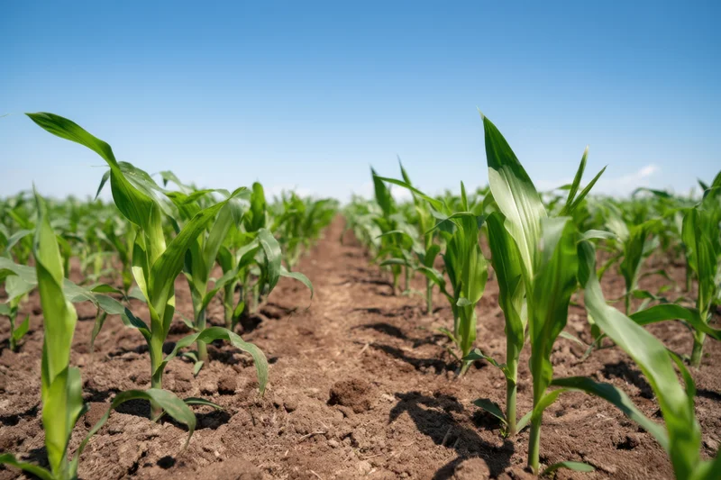 Young corn seedlings growing in rows in a field under a clear blue sky