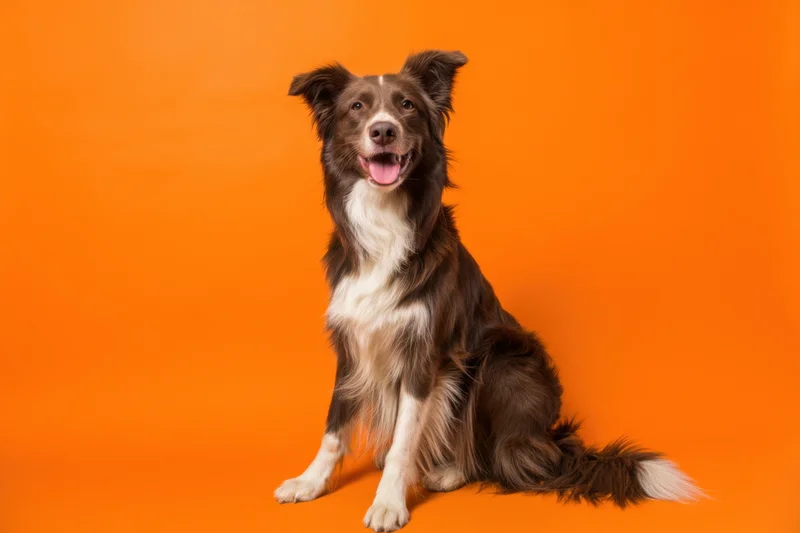 Border collie sitting alertly with tongue out against orange studio background