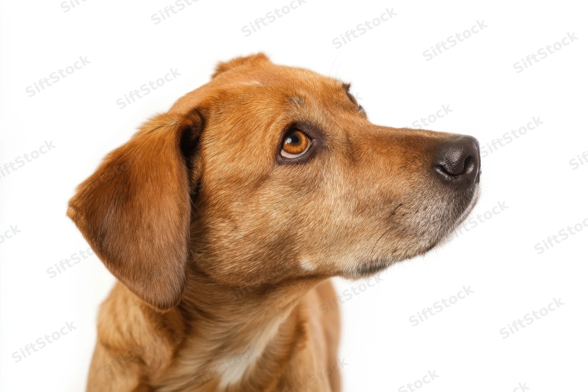 Brown dog tilting head curiously in studio portrait against white background