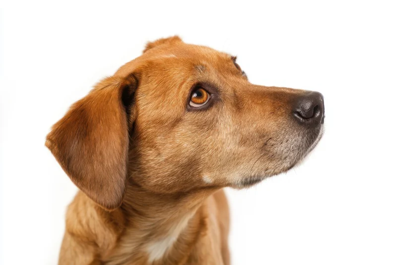 Brown dog tilting head curiously in studio portrait against white background