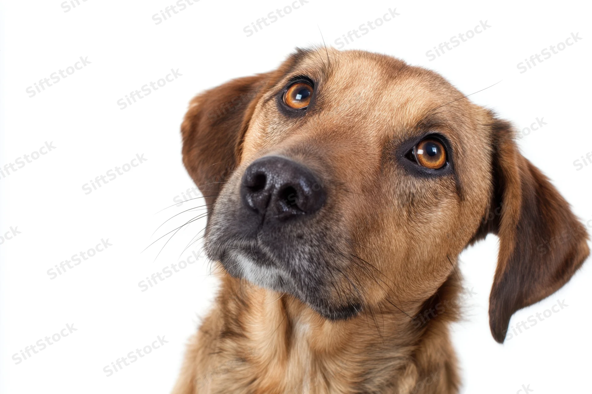Brown dog tilting head curiously against white background