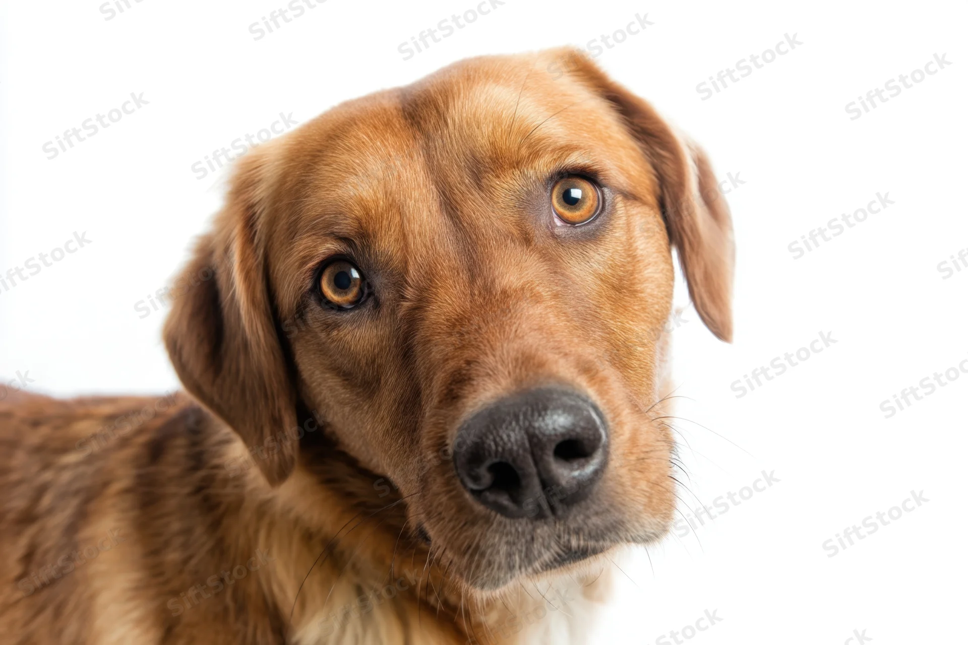 Brown dog tilting head curiously against white background
