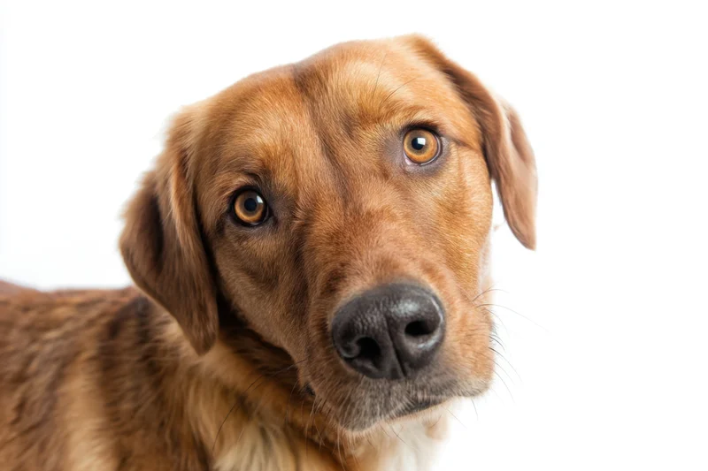 Brown dog tilting head curiously against white background