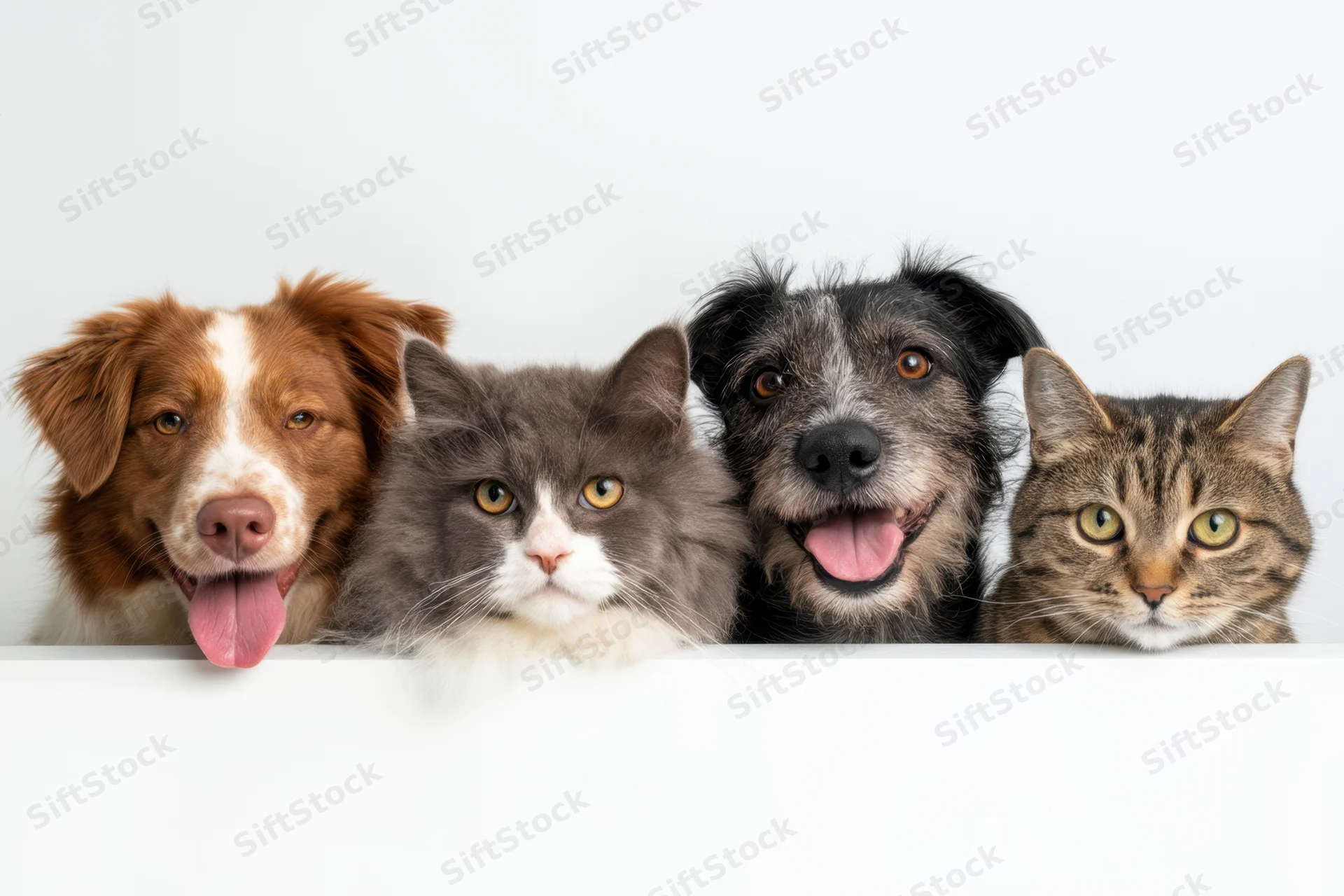 Four pets peeking over a white ledge in a studio portrait