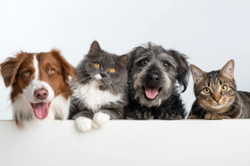 Four dogs and cats peeking over a white ledge in a studio setting