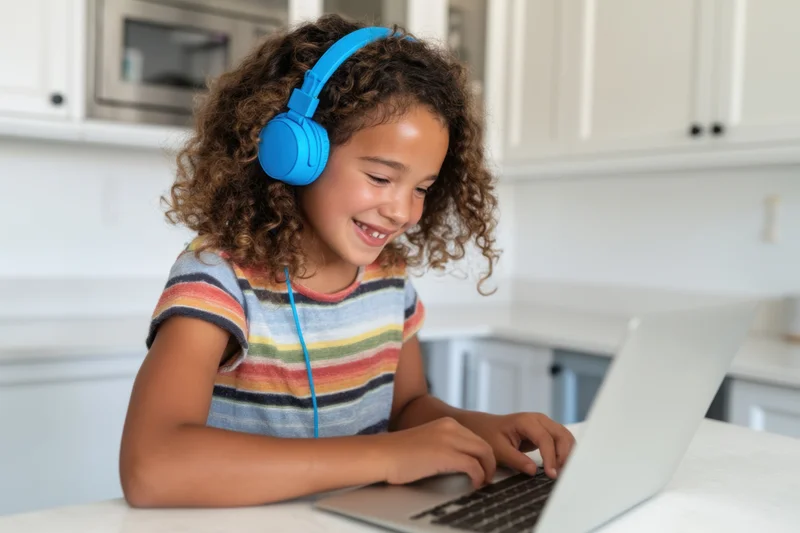 Young girl smiling while using laptop with blue headphones at kitchen counter