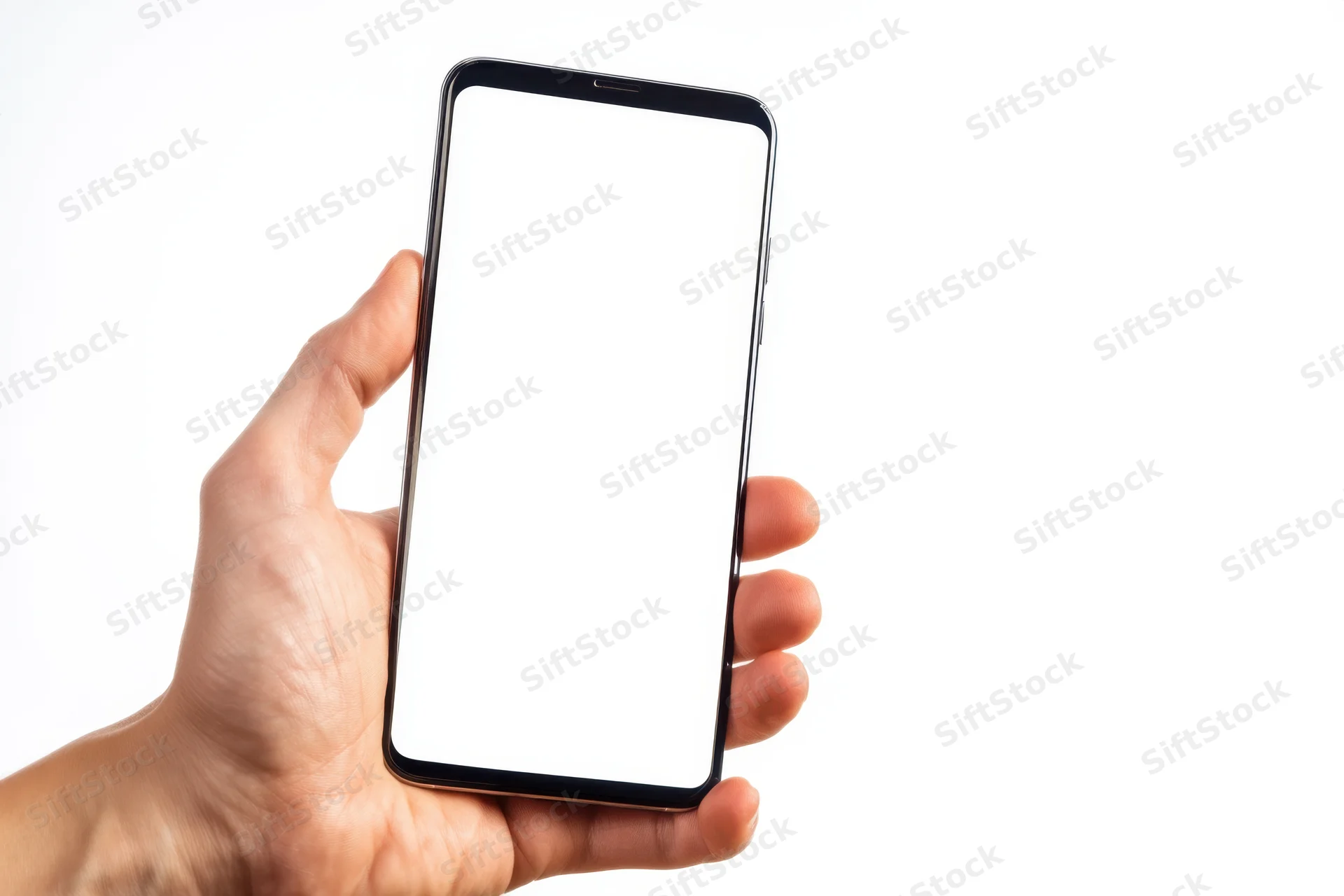 Hand holding a modern smartphone with blank white screen against white background