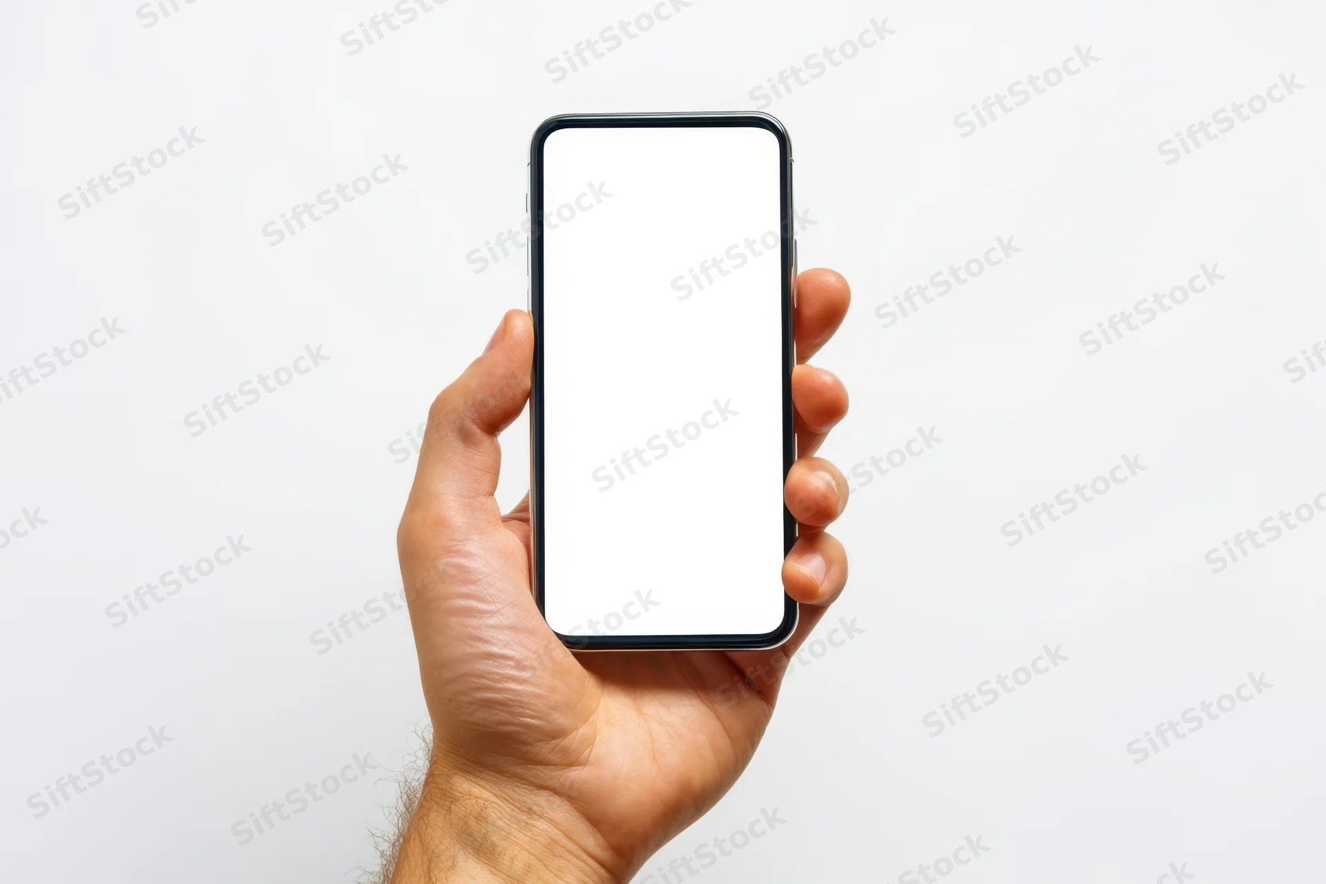 Hand holding a modern smartphone upright with blank white screen against white background