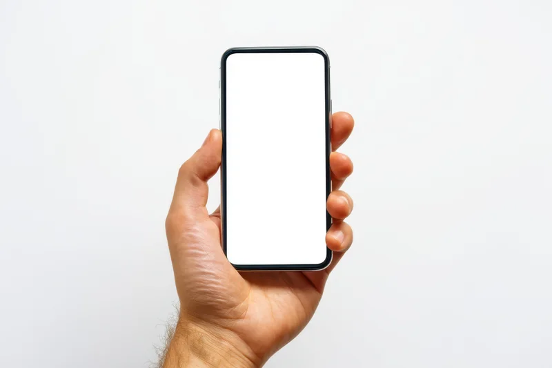 Hand holding a modern smartphone upright with blank white screen against white background
