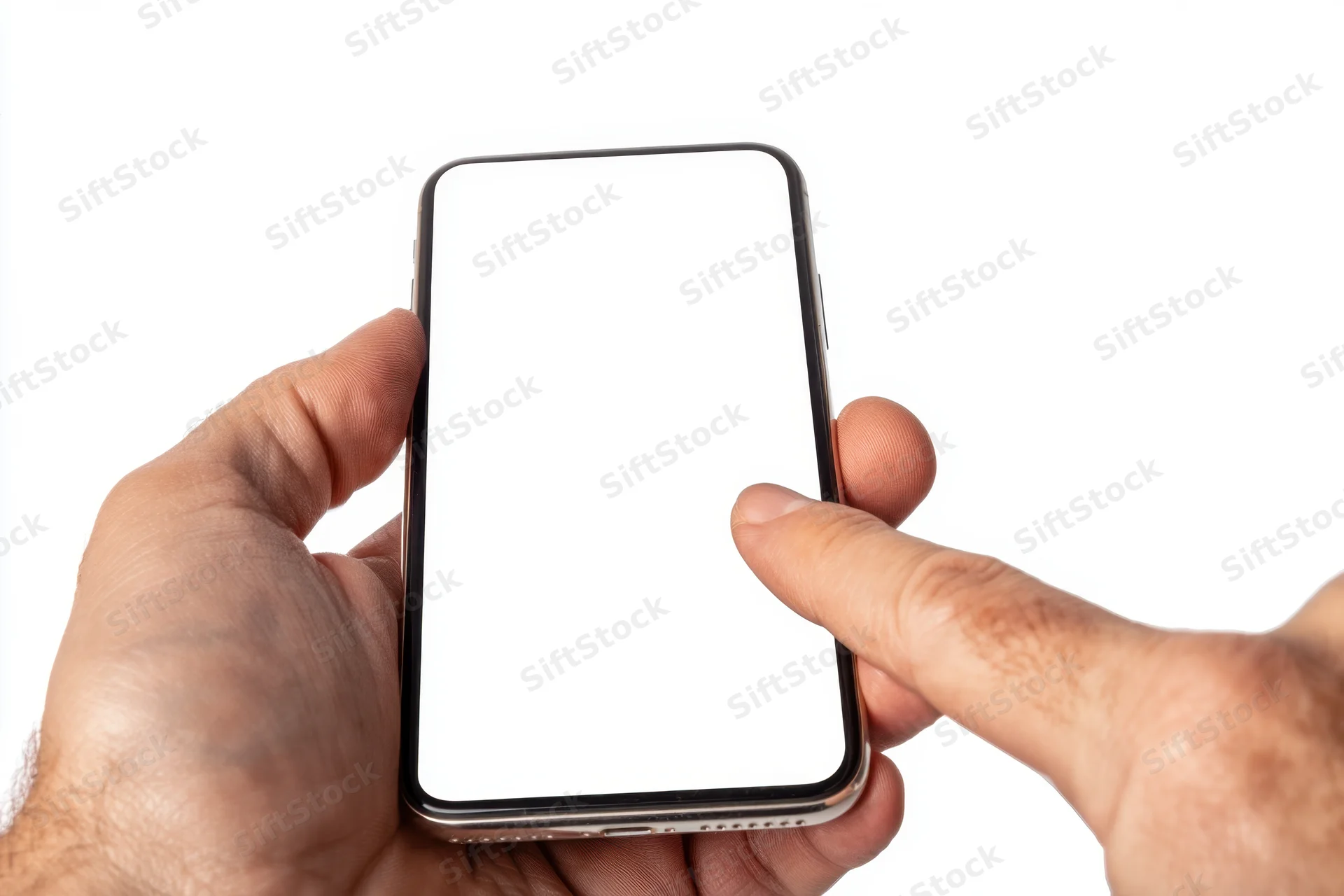Hand holding smartphone with blank white screen, finger touching display, isolated on white background