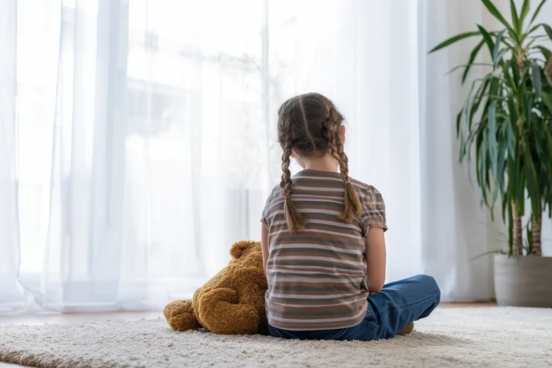 Girl with braids sitting on rug facing window with teddy bear beside her