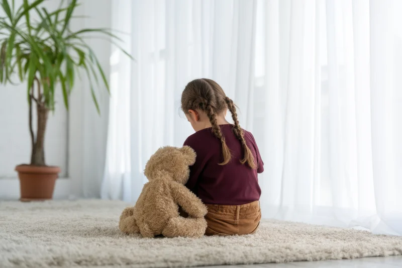 Young girl with braids sitting on a light rug with a teddy bear, back to camera, near a window with white curtains and a potted plant