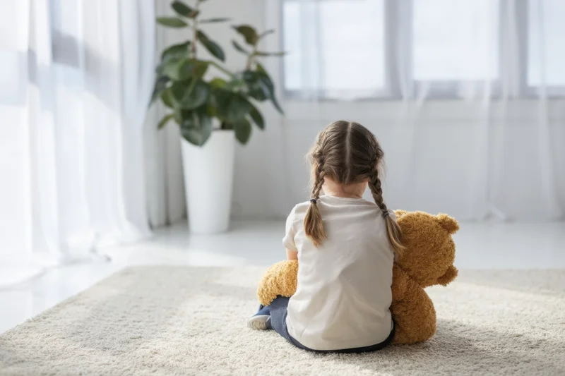 Young girl with braids sitting on a light rug with a teddy bear, back to camera, in a bright living room