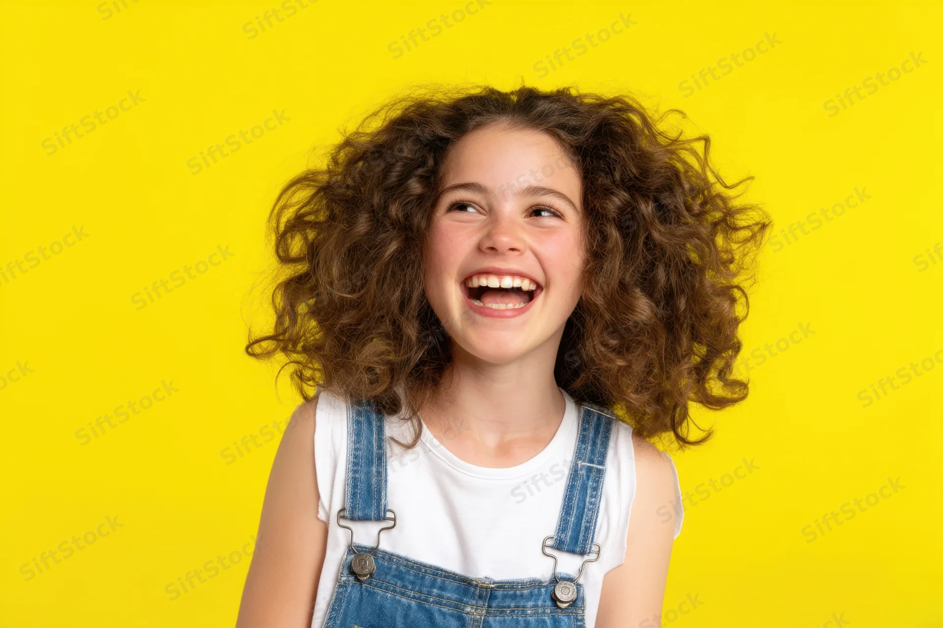 Young girl laughing with curly hair wearing denim overalls against yellow background