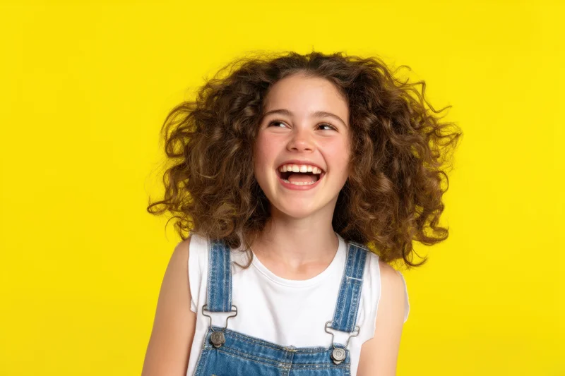 Young girl laughing with curly hair wearing denim overalls against yellow background