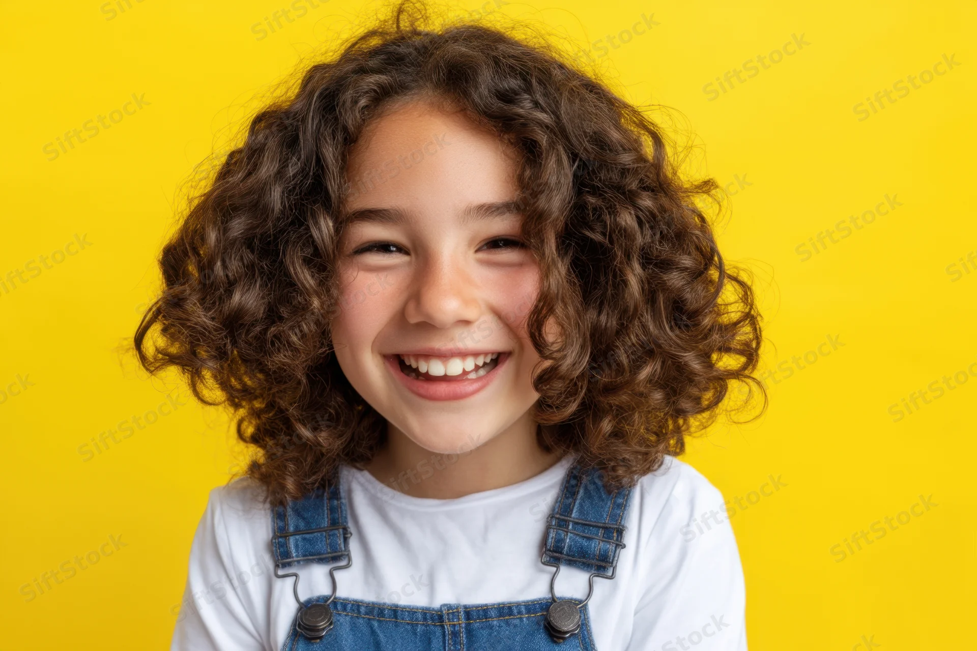 Girl with curly hair smiling in denim overalls against yellow background