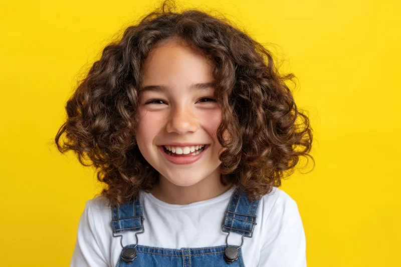 Girl with curly hair smiling in denim overalls against yellow background