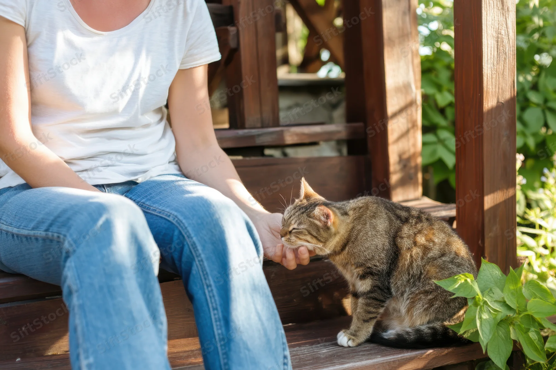 Woman sitting on wooden steps gently touching a tabby cat outdoors