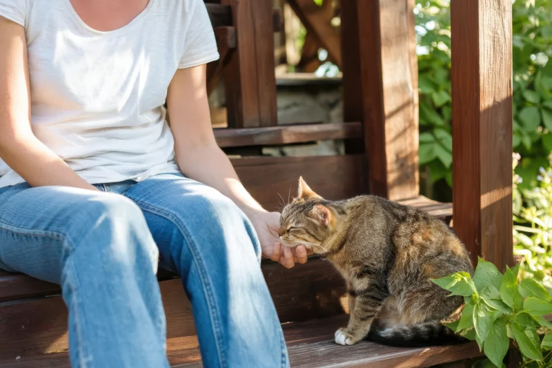 Woman sitting on wooden steps gently touching a tabby cat outdoors