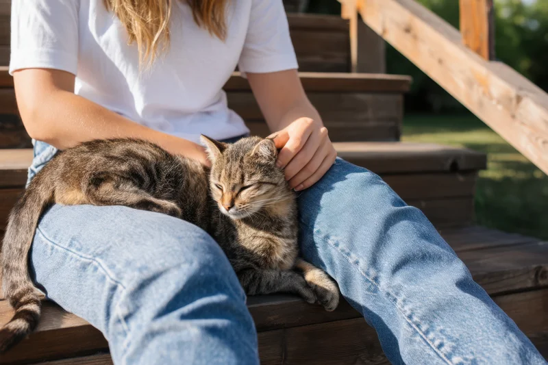 Woman petting a sleeping tabby cat on her lap while sitting on wooden steps outdoors