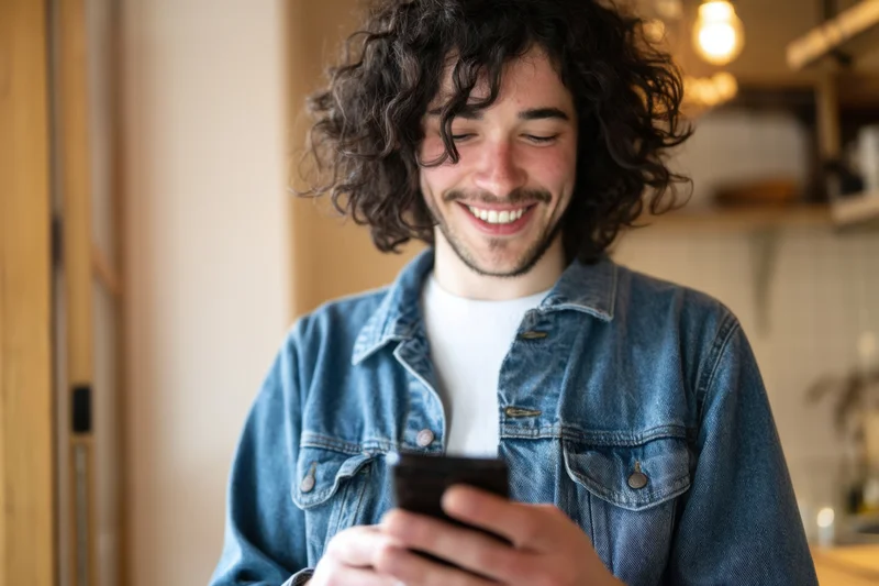 Young man with curly dark hair smiling while holding smartphone indoors