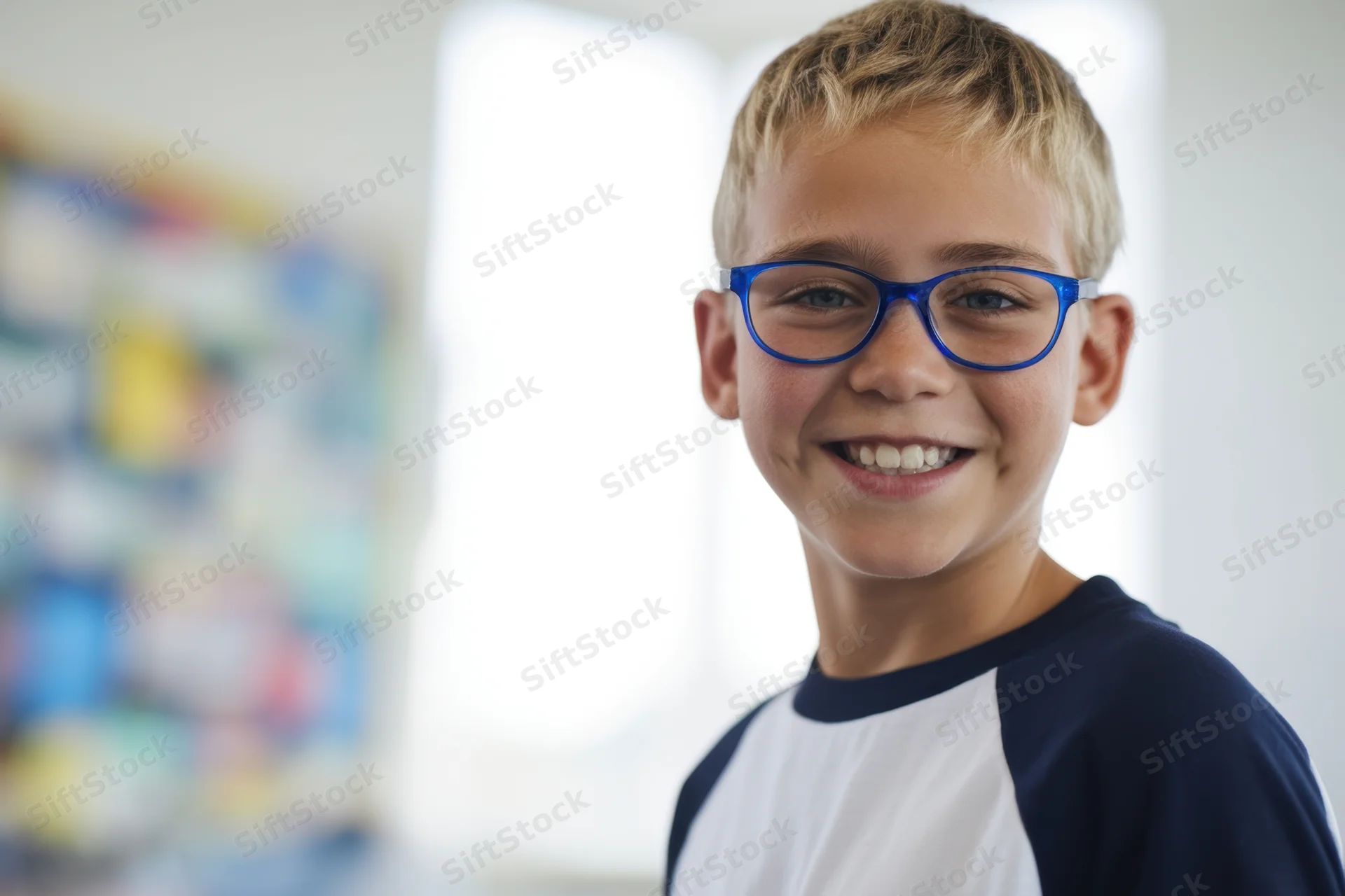 Smiling boy with blue glasses in a classroom setting