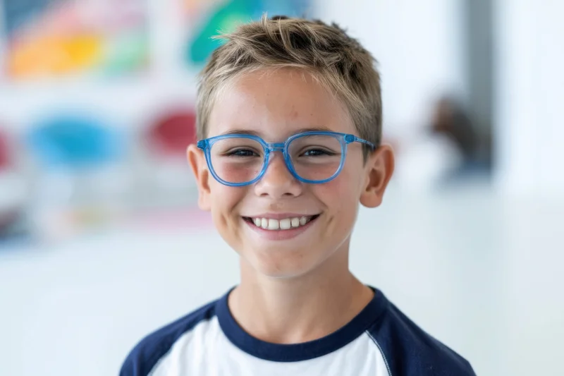 Smiling boy with blue glasses wearing a white and navy tshirt in a classroom