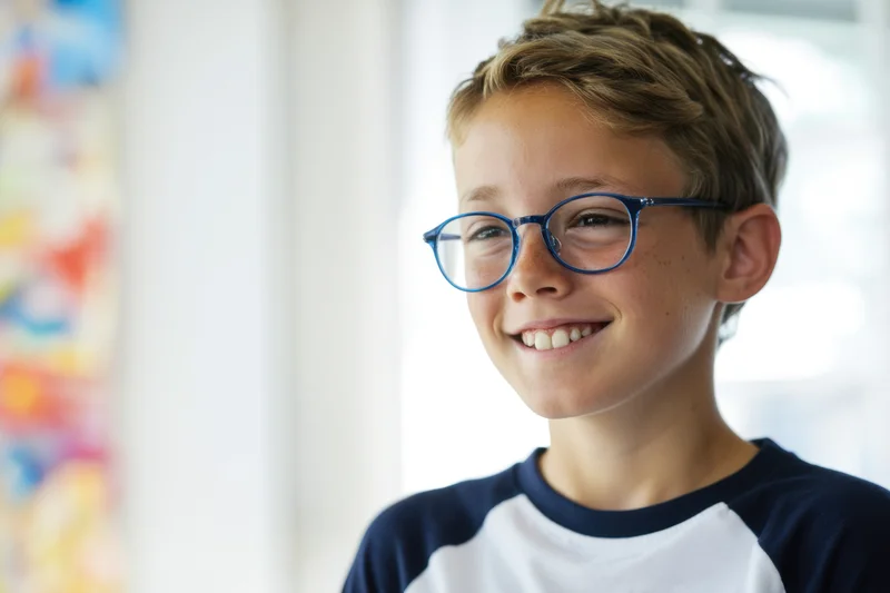 Smiling boy with blue glasses wearing a white and navy raglan tshirt in a classroom setting