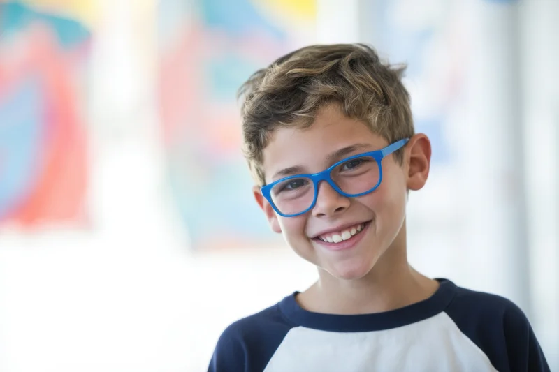 Smiling boy with blue glasses wearing a white and navy tshirt indoors