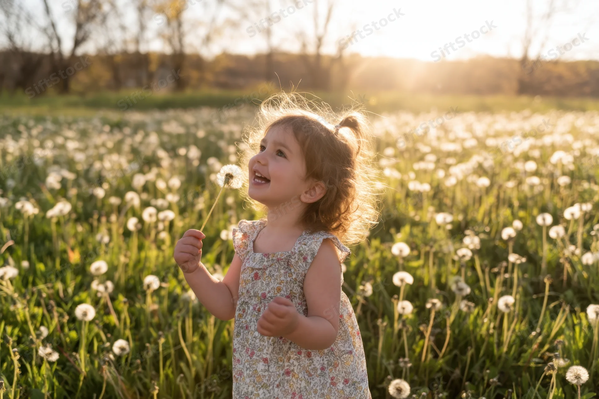 Smiling toddler girl holding dandelion in sunlit meadow field