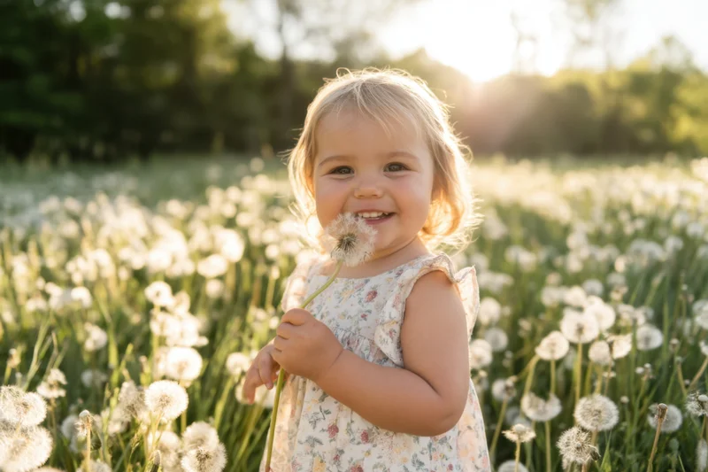 Smiling toddler girl holding a dandelion in a sunlit field of flowers