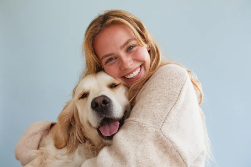Woman hugging a golden retriever dog in a studio portrait with light blue background