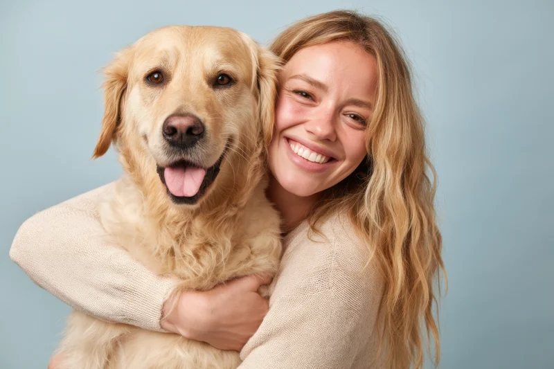 Woman hugging golden retriever dog in studio portrait