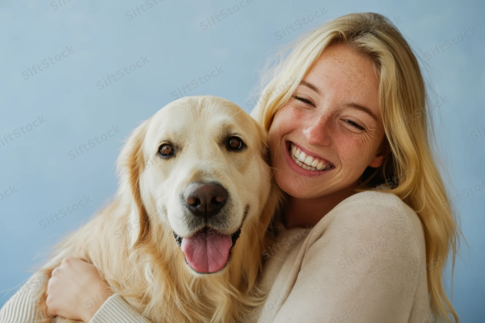 Woman hugging a golden retriever dog against a blue background