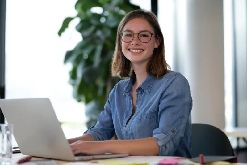 Smiling woman in denim shirt working on laptop at office desk