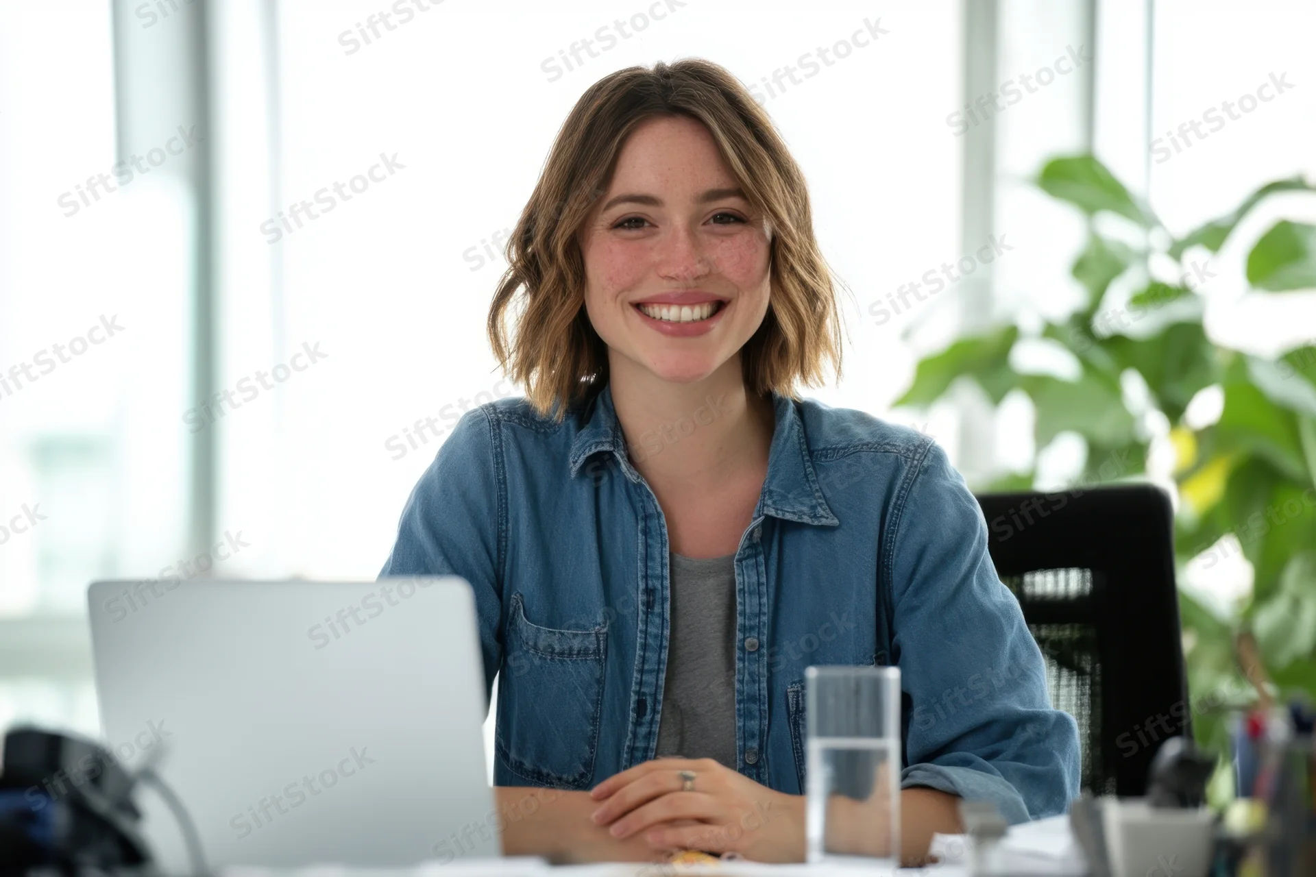 Smiling woman in denim shirt sitting at office desk with laptop and glass of water