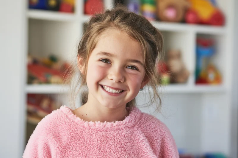 Smiling young girl in pink fuzzy sweater standing in front of toy shelf in playroom