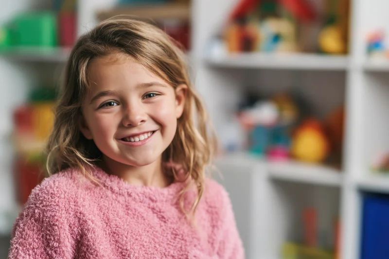 Smiling young girl in pink fuzzy sweater in a playroom with toy shelves behind her