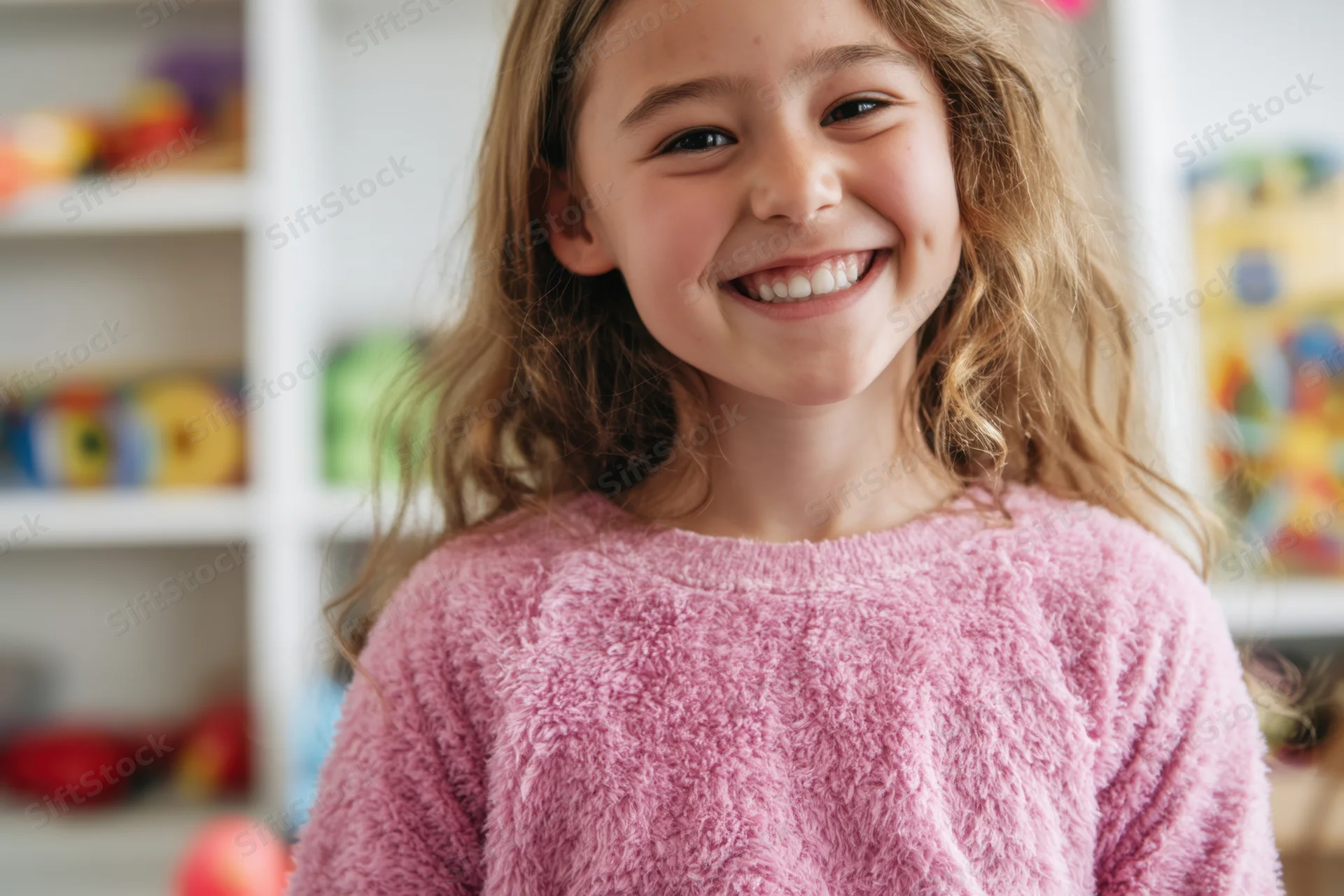 Smiling young girl in pink fuzzy sweater indoors near toy shelf