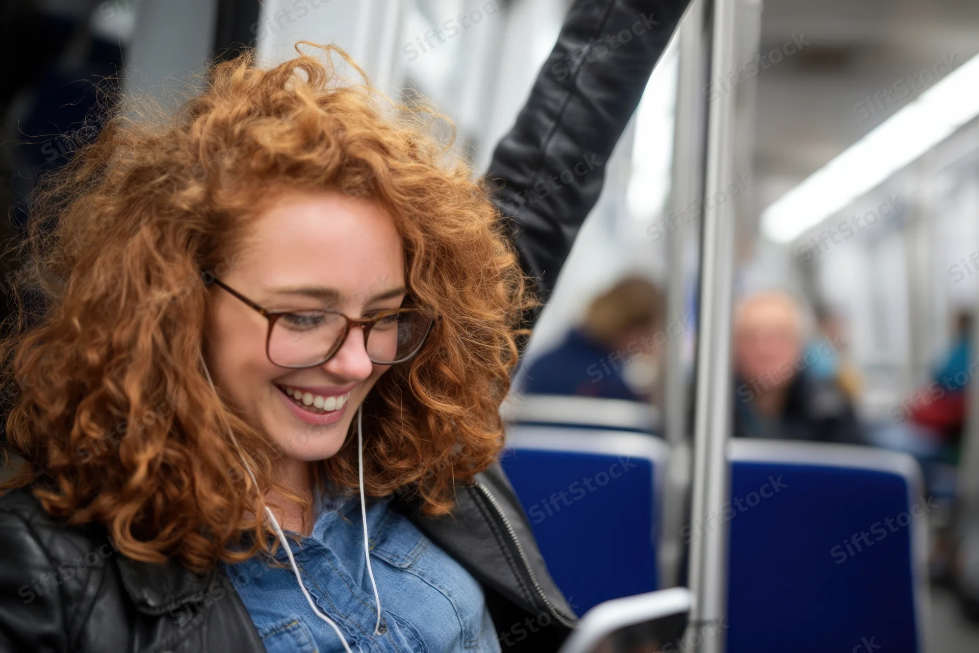 Young woman smiling while using smartphone on subway train