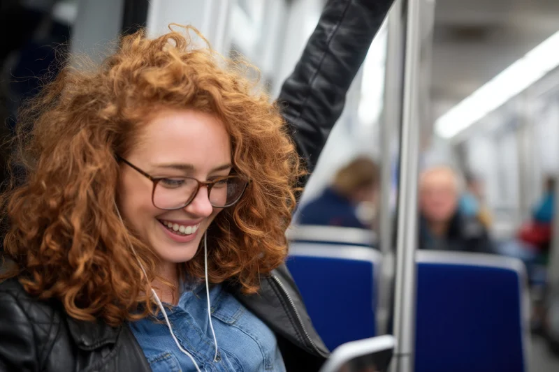 Young woman smiling while using smartphone on subway train