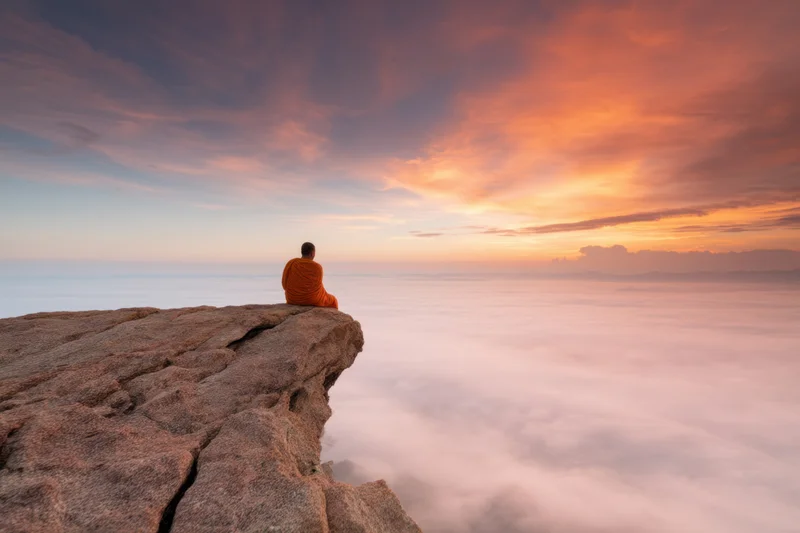 Monk in saffron robes meditating on a cliff overlooking a sea of clouds at sunset