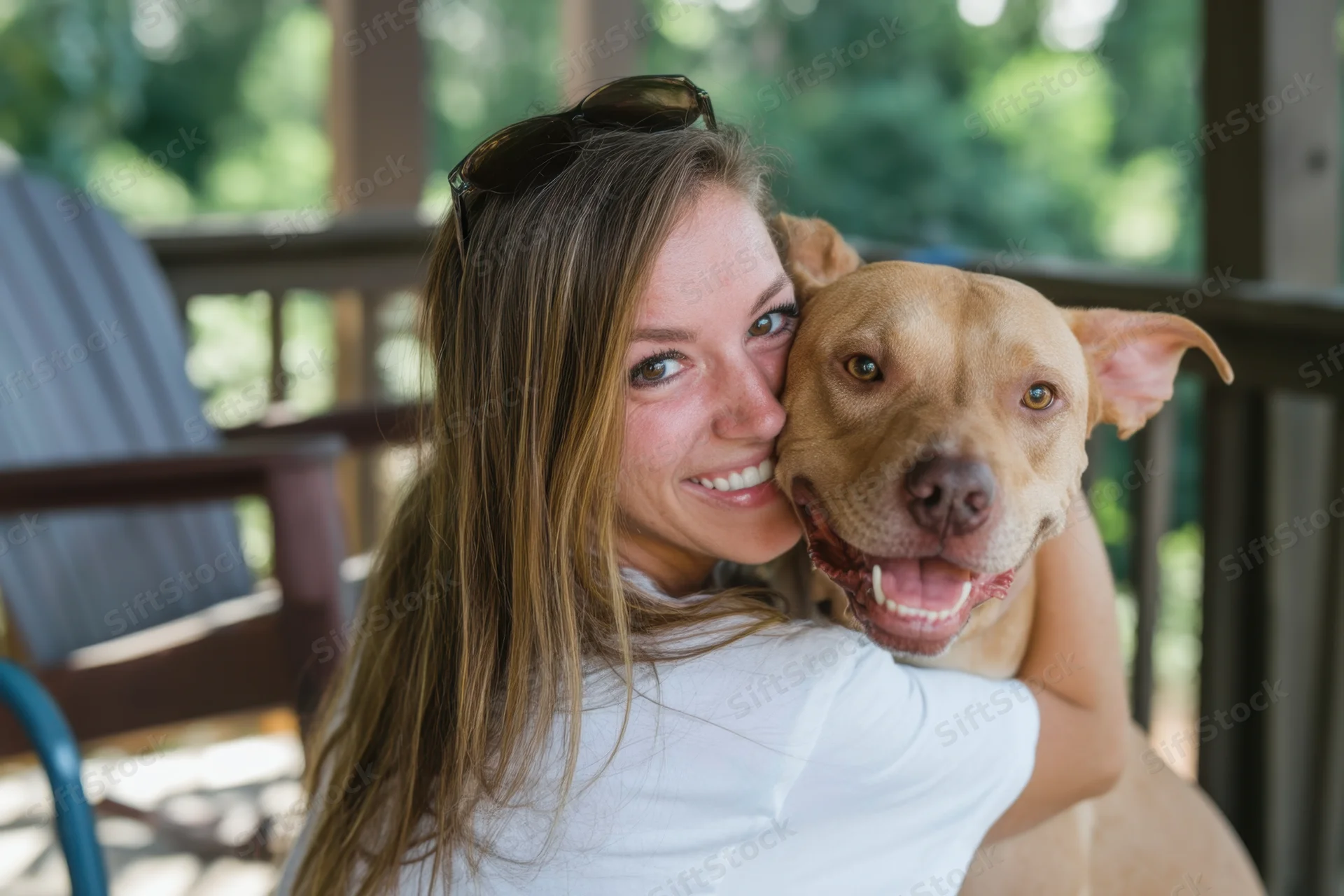 Woman hugging a tan dog on a sunlit porch