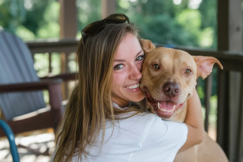 Woman hugging a tan dog on a sunlit porch